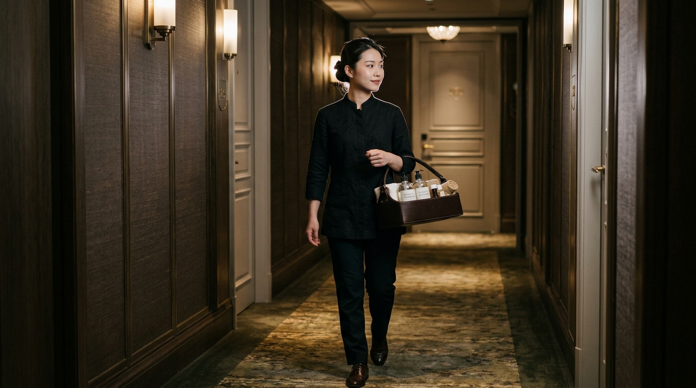 AURA SEOUL In-Suite Care Attendant Arriving at Hotel Corridor